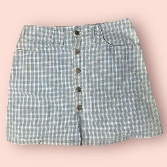 Vtg 90's Blue Plaid Button Up Mini Skirt Pockets Size 9/10 Waist 30 Cottagecore - Picture 1 of 5